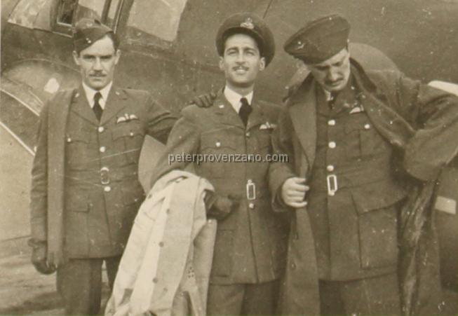 Peter Provenzano Photo Album Image_copy_029.jpg - From left to right: Edward Miluck, Peter Provenzano, and Paul Anderson in front of a Miles Master Mark 1A trainer.  RAF Station Tern Hill, fall of 1940.